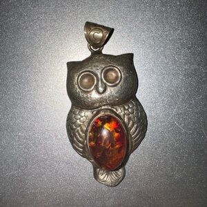 Vintage Silver Owl Amber Pendant